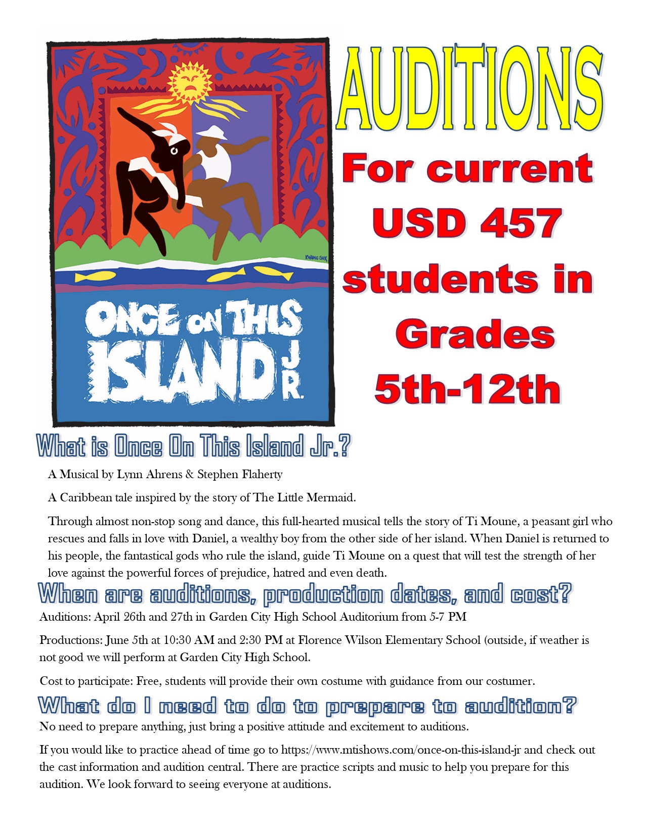 Once On This Island Jr audition flier